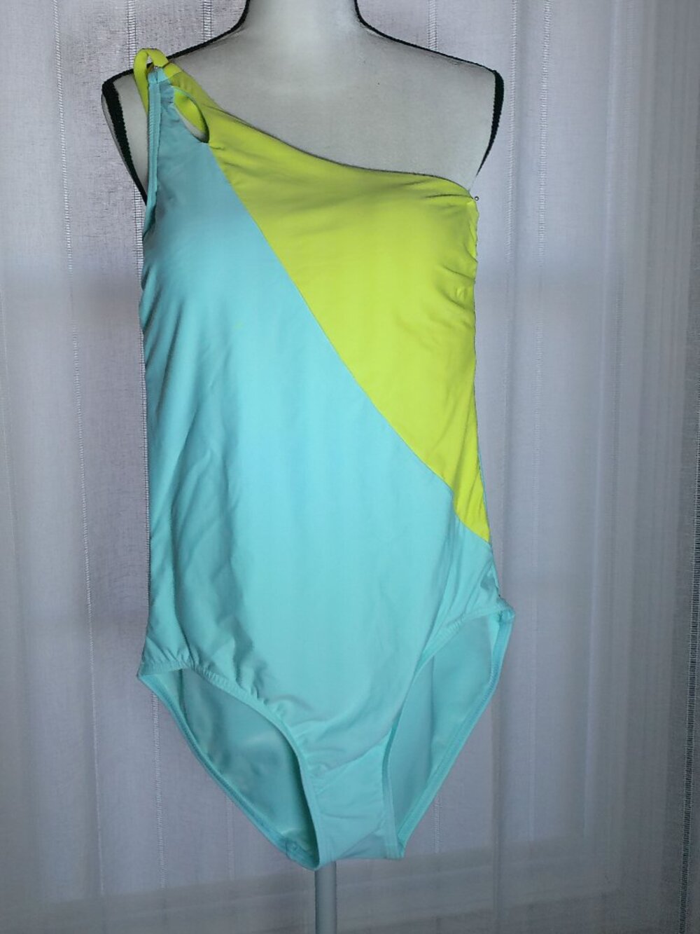 LANDS' END SwimSuit One Piece Light Blue & Chartreuse NWT 12